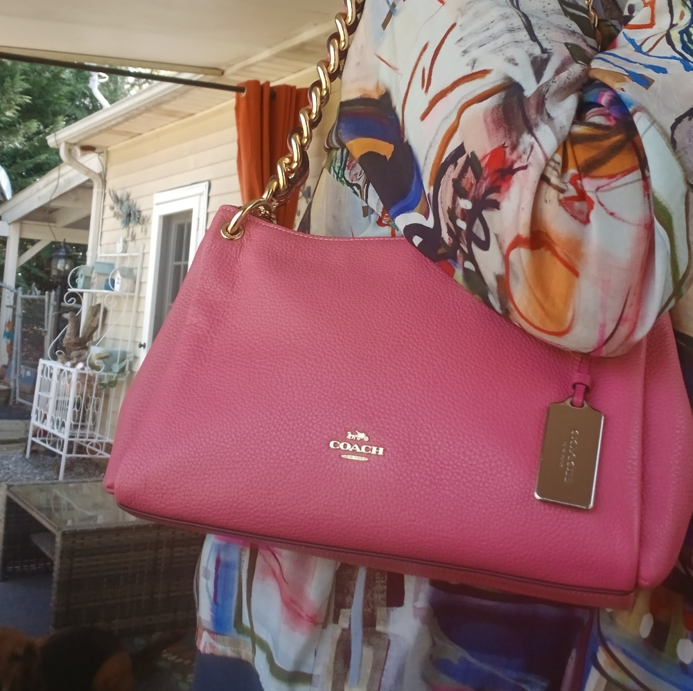 NEW Coach Mia Pink Pebble Leather with Gold Chain Shoulder Bag NEW w Tags - Picture 10 of 14